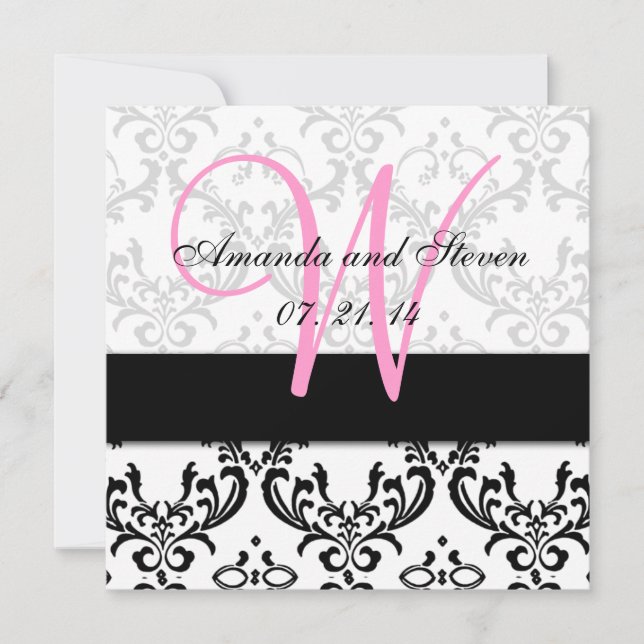 Joli Damask Faire-part de mariage Monogramme rose (Devant)