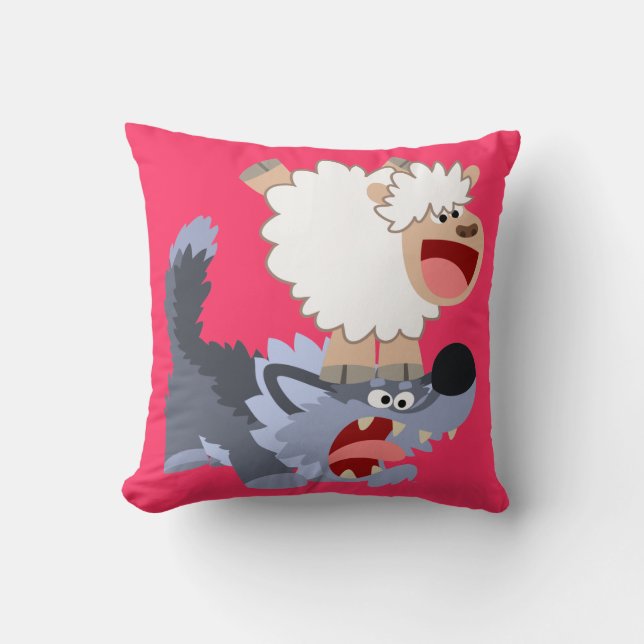 Joli Dessin Jouant Mouton et Loup Jetant Oreiller (Recto)