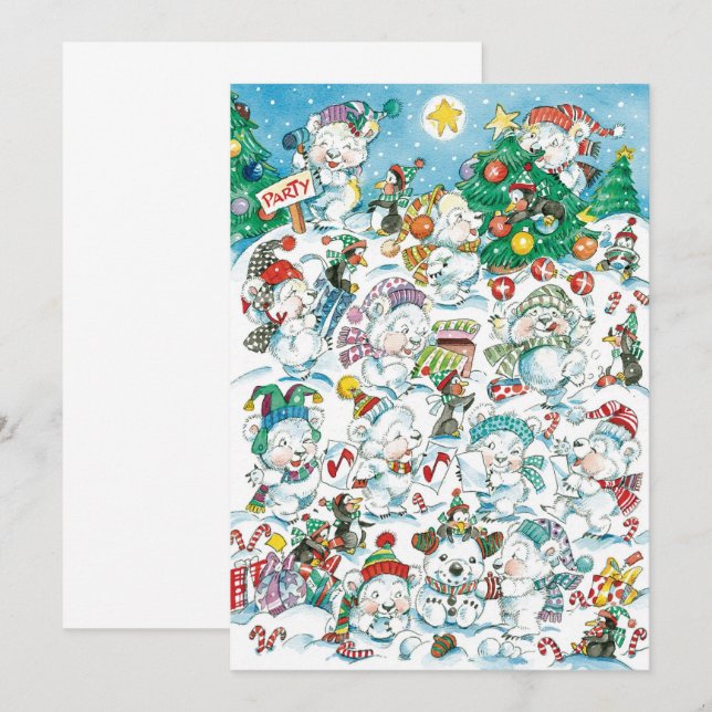 Joli dessin Noël Ours Polaire Invitation de fête (Devant / Derrière)
