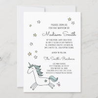 Joli Doodle Unicorn et étoiles Baptême Invitation