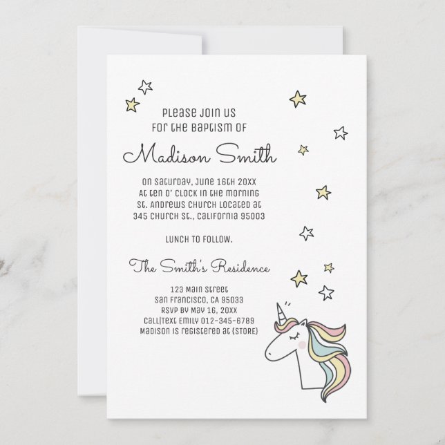 Joli Doodle Unicorn et étoiles Baptême Invitation (Devant)