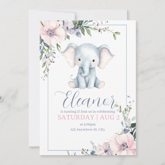 Joli Eléphant Floral Anniversaire Invitation (Devant)