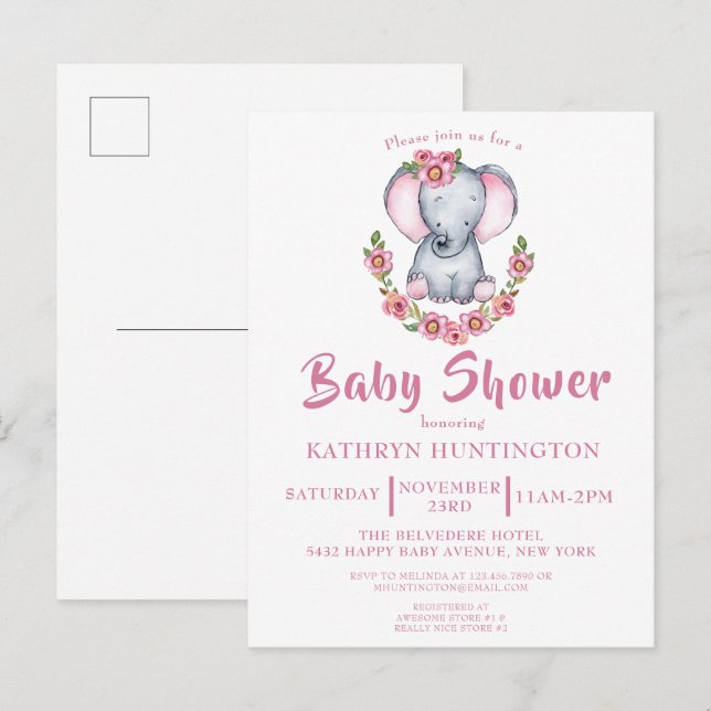 Joli éléphant floral rose Baby shower Invitation P (Devant / Derrière)