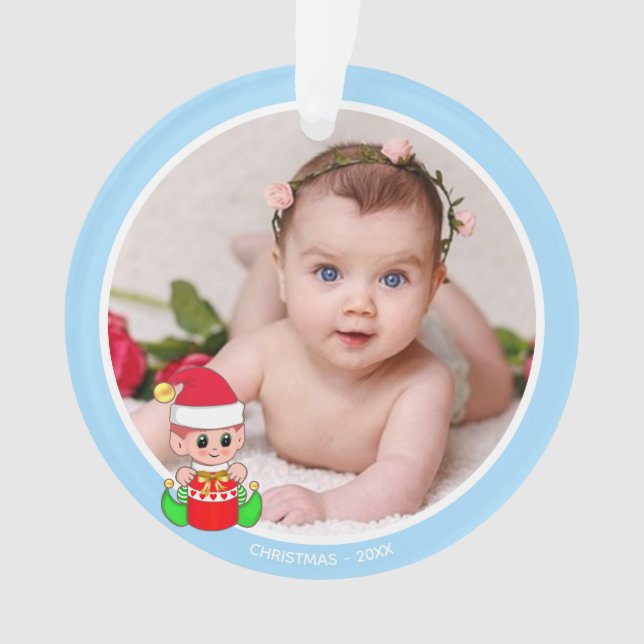 Joli elfe de Noël et photo personnalisée sur bleu  (devant)
