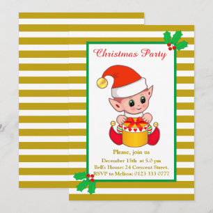 Joli elfe de Noël sur invitation dorée et blanche