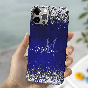 Joli étui monogramme argent bleu royal faux paille