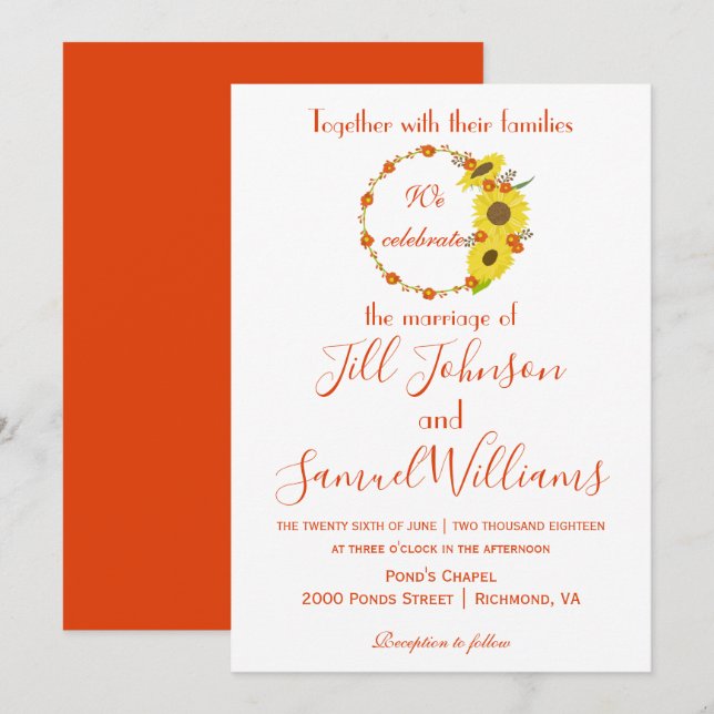 Joli faire-part de mariage floral de tournesol d'a (Devant / Derrière)