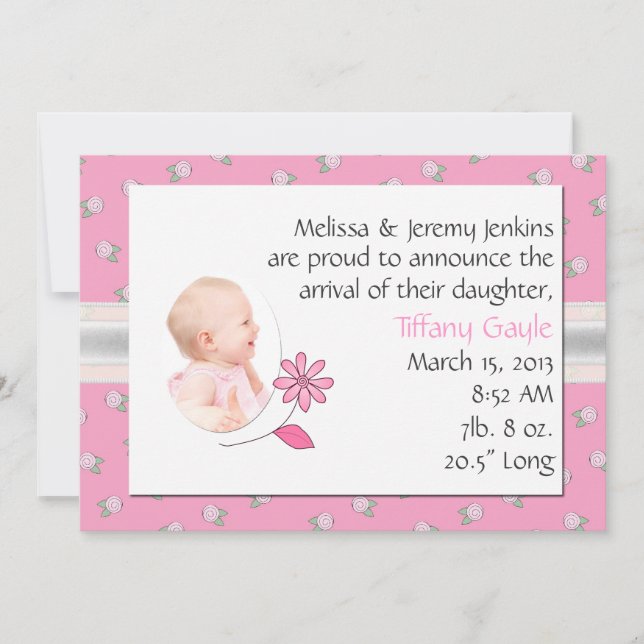 Joli Faire-part de naissance de fille de bébé rose (Devant)