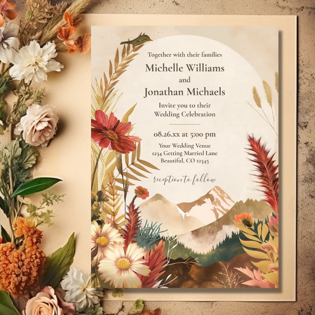 Joli Fleur sauvage de montagne Boho Faire-part de  (Front - Pretty Boho Mountain Wildflower Wedding Invitation)