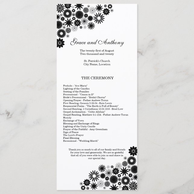 Joli Florals Programme de mariage noir (Dos)