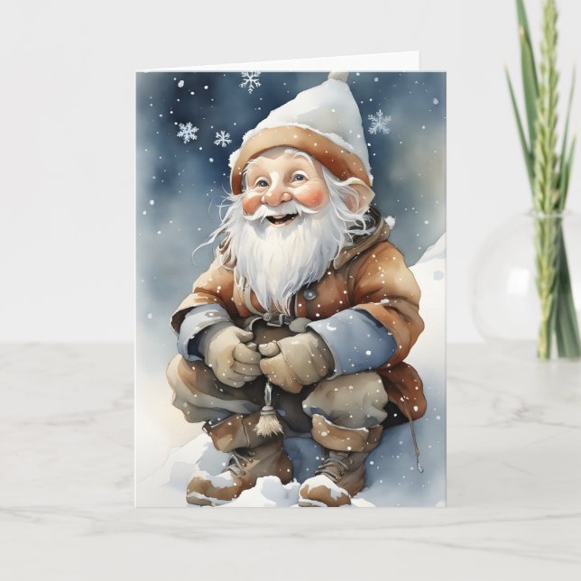 Joli Gnome En Hiver Neige Blanc Carte De Vœux Plié (Devant)