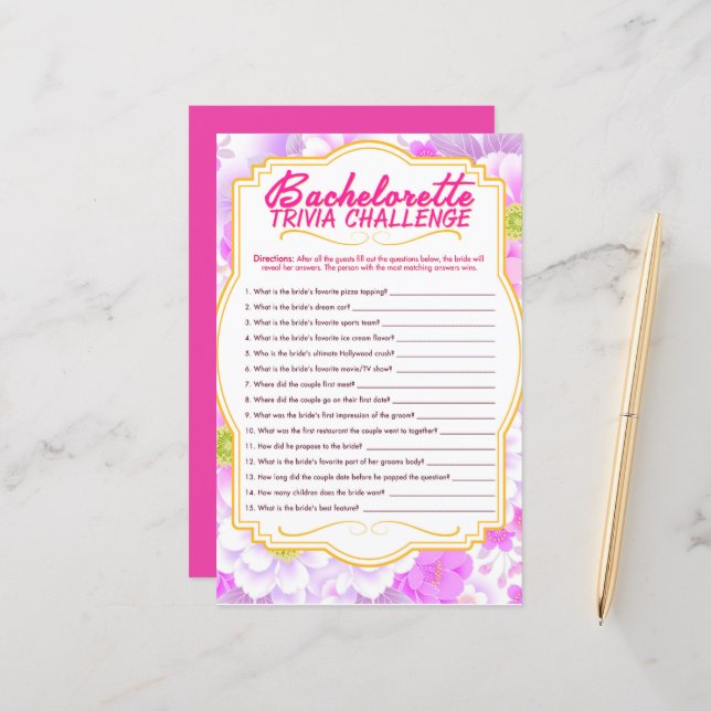 joli jeu Bachelorette jeu papier feuille (Devant/Arrière en situation)