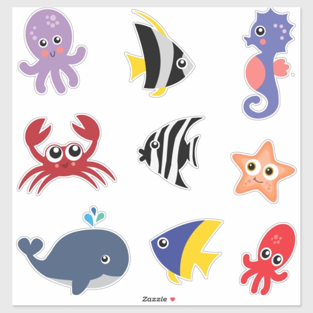 Joli jeu de stickers sous les créatures marines (Feuille)
