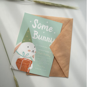Joli lapin blanc 1er Invitation anniversaire