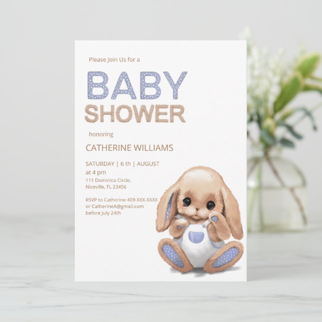 Joli lapin peluche, invitation baby shower (Debout devant)