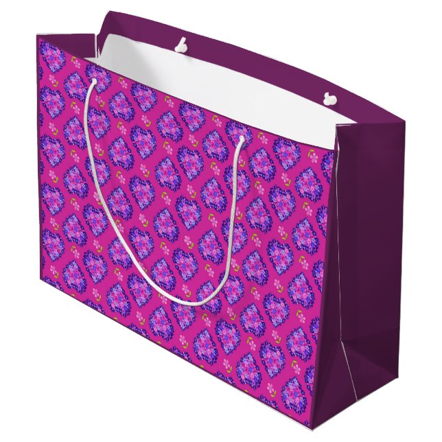 Joli Magenta Coeurs et Fleurs Grand Sac Cadeau (Dos Angle)