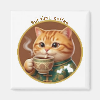 Joli Magnet Chat Orange Buvant du Thé Café