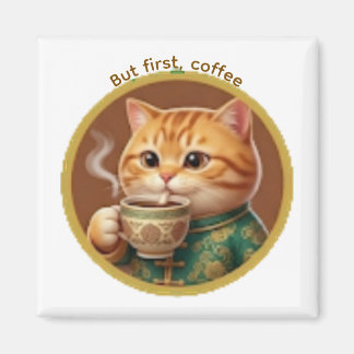 Joli Magnet Chat Orange Buvant du Thé Café