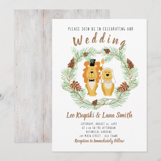Joli Mariage Couple Lion Groom & Bride Invitation (Devant / Derrière)