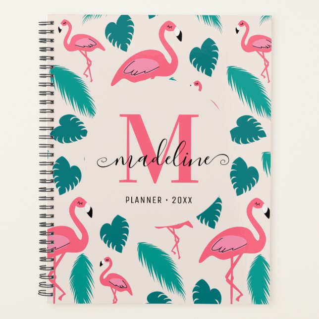 Joli Monogramme Feuille tropical Flamant rose rose (Devant)