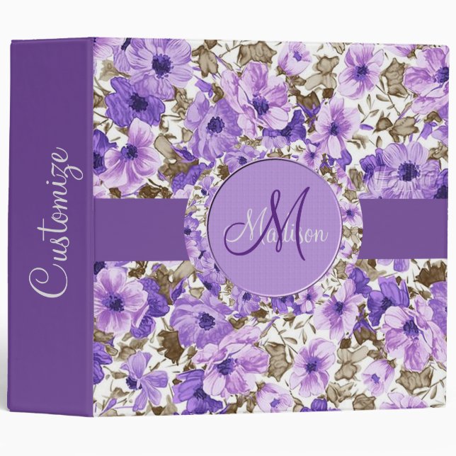 Joli Monogramme violet et blanc Classeur floral 2 (Devant/Côté)