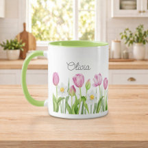 Joli mug à café aux tulipes roses et jonquilles bl