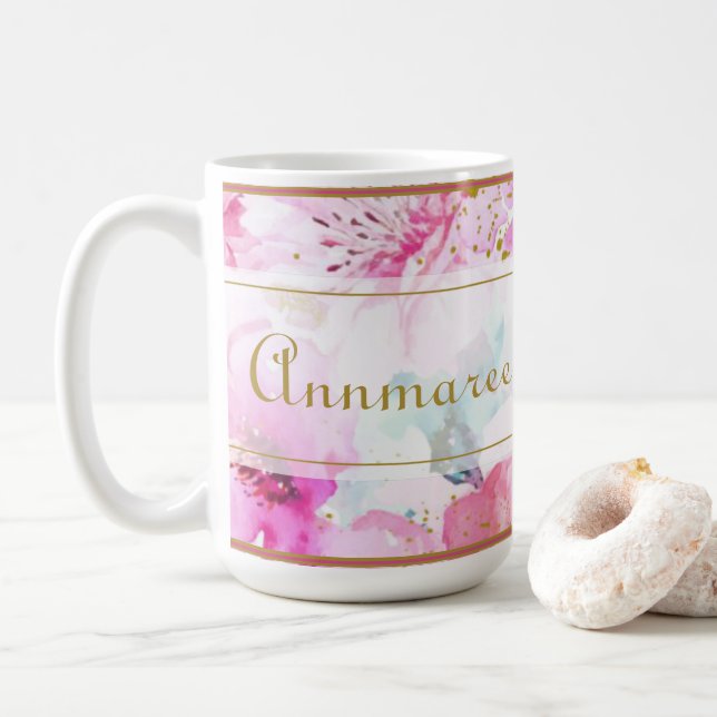 Joli nom personnalisé Floral rose et or latte Mug (Avec donut)