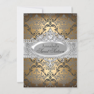 Joli or et argent Damask Sweet 16 Invitation