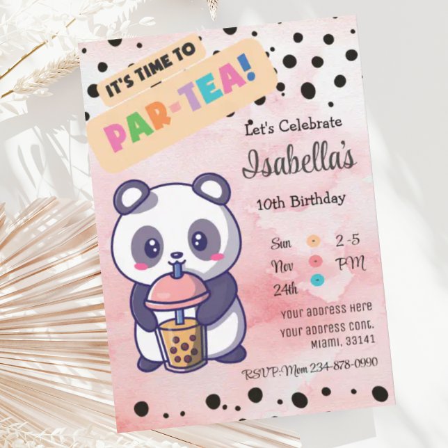 Joli Panda Rose Boba Thé Anniversaire Invitation (Créateur téléchargé)
