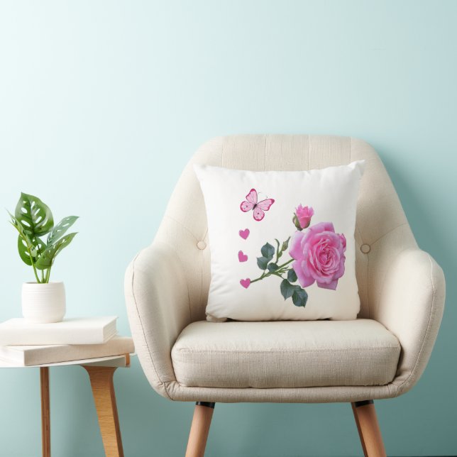 Joli papillon de rose rose coeurs jeté oreiller (Chaise)