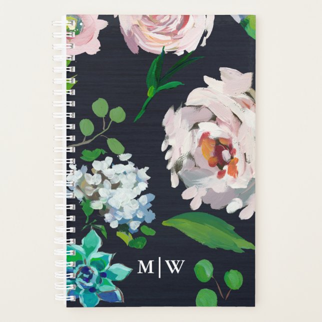 Joli Pastel Floral Blooms sur Noir avec Monogramme (Devant)