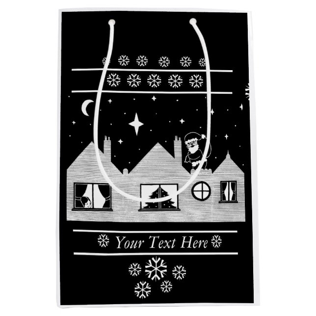 Joli père Noël avec sac sur le toit noir et blanc (Devant)