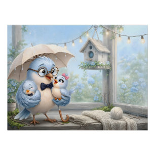 Joli père oiseau et bébé affiche brillante