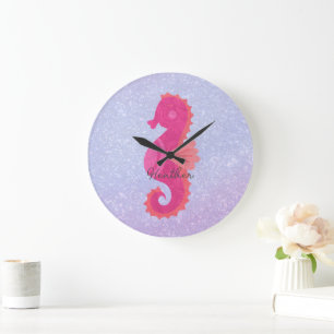 Joli Petit Hippocampe Rose Grande Horloge