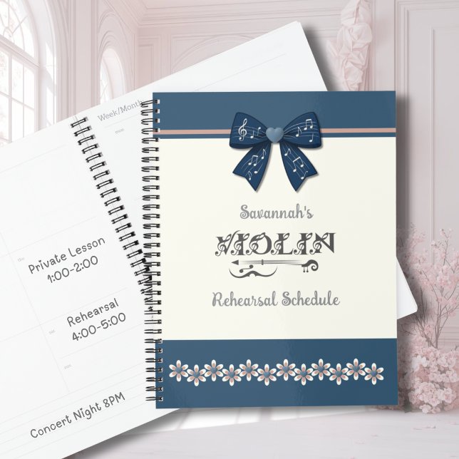 Joli Planificateur d'orchestre de violon à nœud co (Pretty blue coquette bow violin planner for teen girls to manage orchestra and recital schedules.)