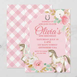 Joli poney invitation anniversaire fleuri boho che