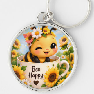 Joli porte-clés rond abeille heureuse tournesol
