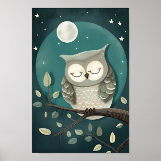 Joli poster d'un hibou dormant sous la Lune et les