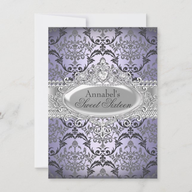 Joli pourpre et argent Damask Sweet 16 Invitation (Devant)