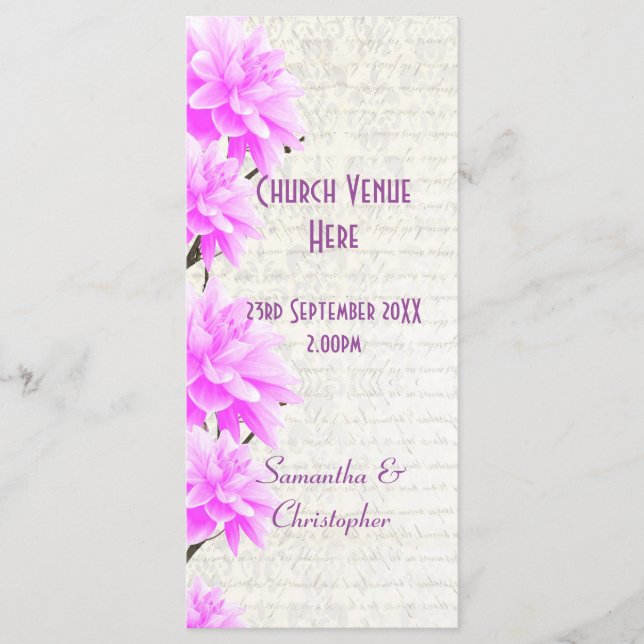Joli programme de mariage mauve floral rose église (Devant)