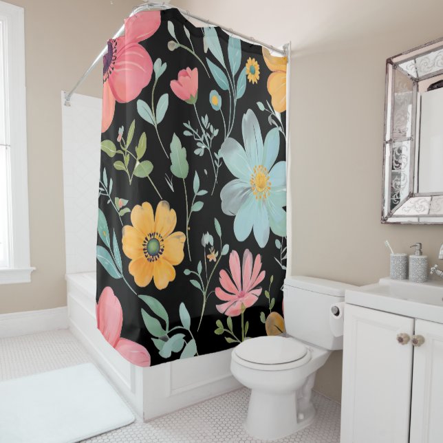 Joli rideau de douche fleuri (En situation)