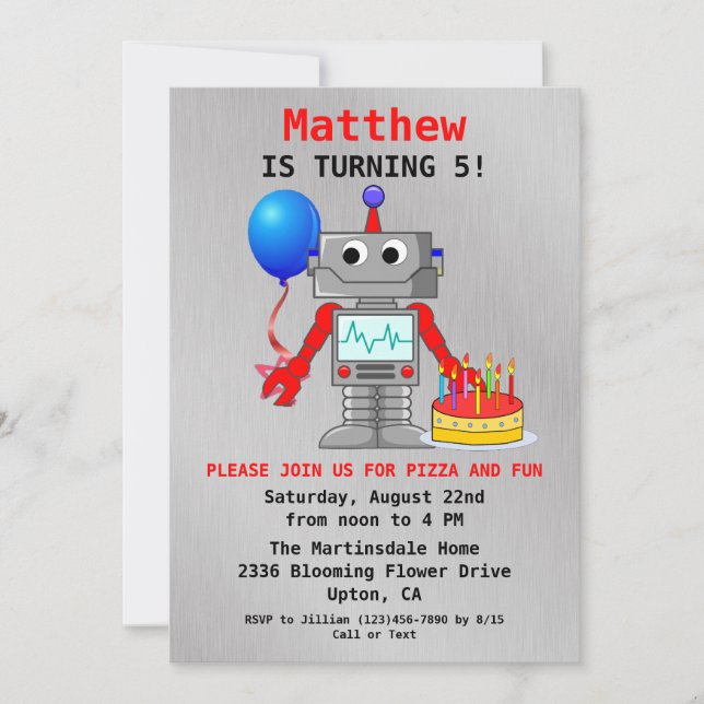 Joli Robot Rouge, Bleu & Gris Invitation Anniversa (Devant)