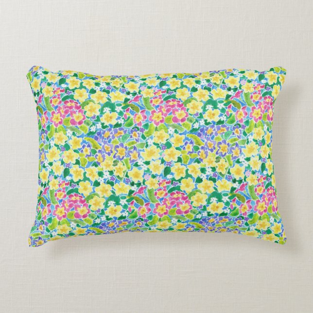 Joli rose, Bleu, Jaune Primroses Accent Coussin (Devant)