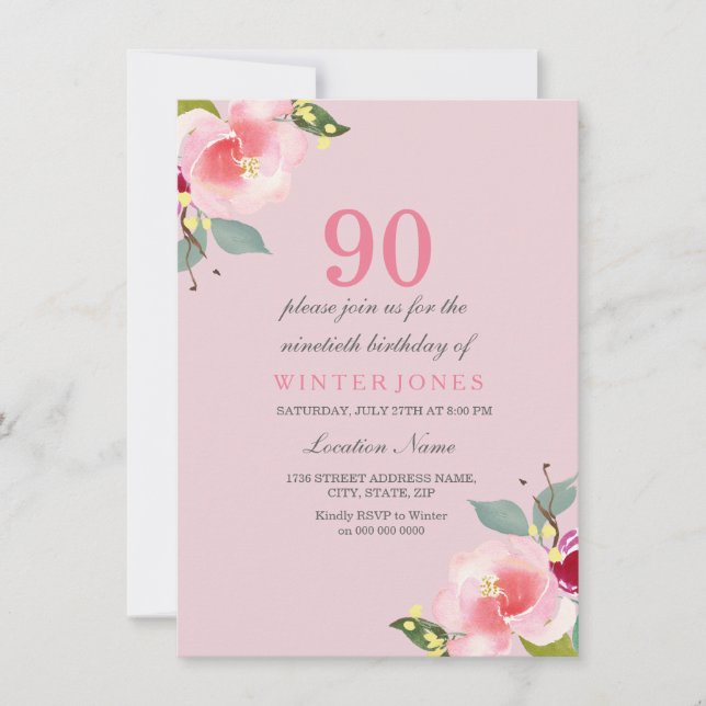 Joli rose Floral 90e anniversaire Invitation de fê (Devant)