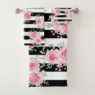 Joli rose Floral Rose Black Stripes Aquarelle