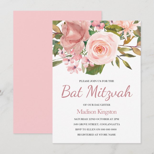 Joli Rose or rose Fleurs Bat mitzvah Invitation (Devant / Derrière)
