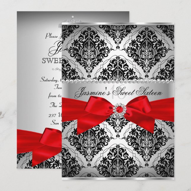 Joli rouge noir Damask Sweet 16 Invitation (Devant / Derrière)