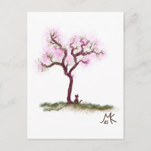 Joli Sakura Tree avec petite carte postale de chat
