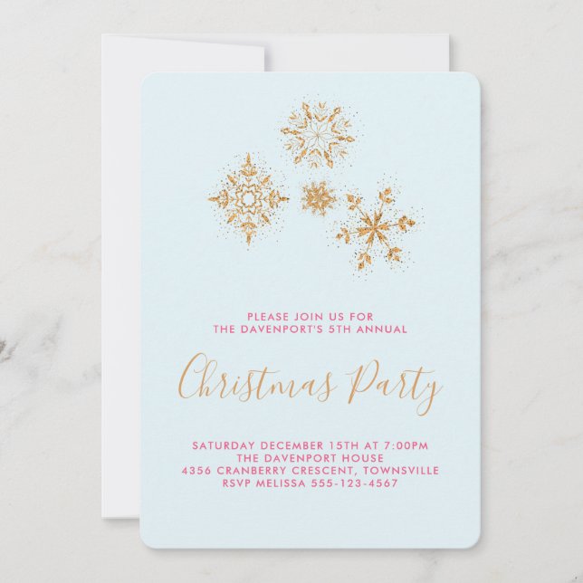 Joli Snowflakes Gold sur Blue, Invitation festif (Devant)