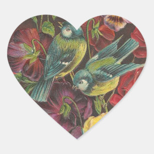 Joli Stickers Coeur Fleurs Vintages et Oiseaux